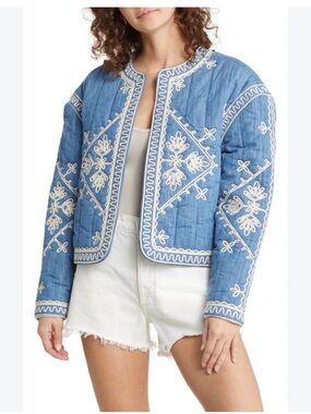Treasure & Bond Light Blue Embroidered Quilted Bomber Jacket